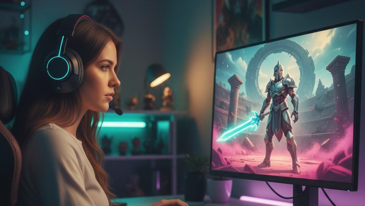 Vendetta en Overwatch 2: la gladiadora melee que puede cambiar el meta Jugadora en su escritorio observando en pantalla a una gladiadora futurista con espada de luz en una arena.