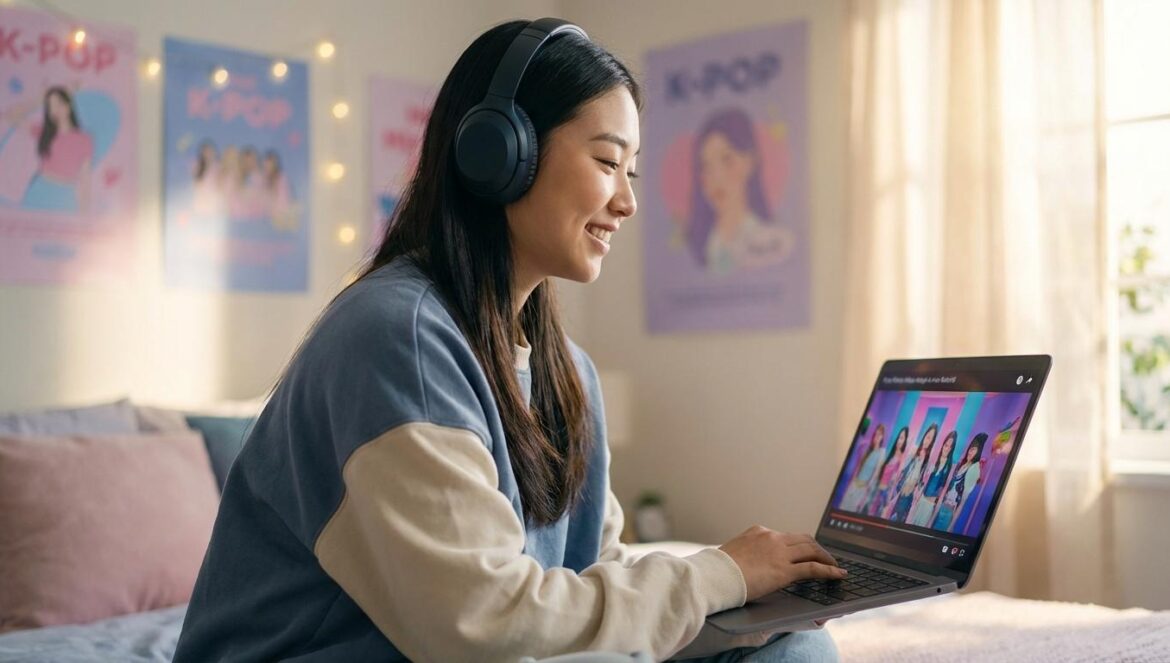 Joven asiática con auriculares viendo un videoclip de K-pop en su portátil en una habitación con pósters.
