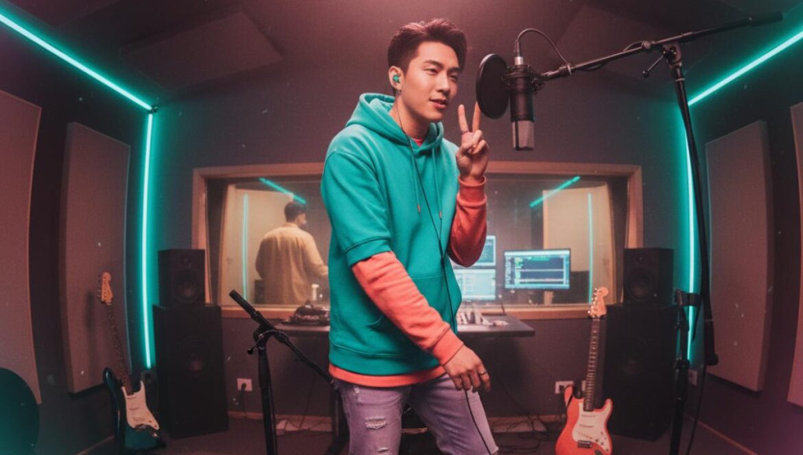 Joven cantante asiático con auriculares en estudio de grabación, frente a un micrófono.