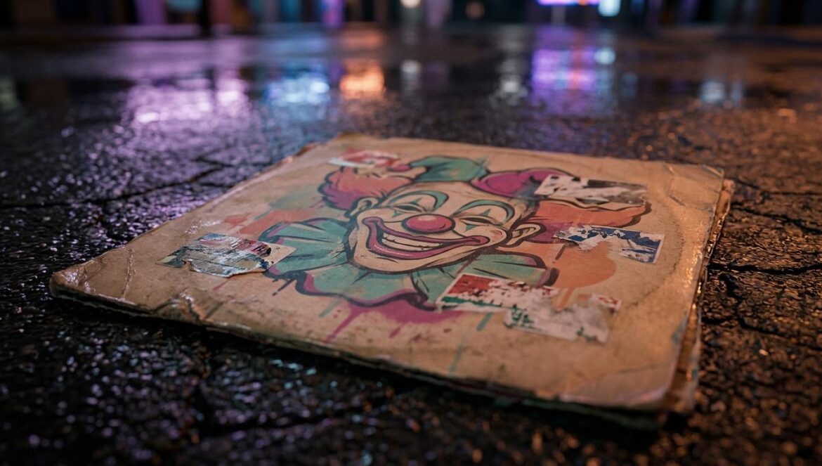 21 Savage y What Happened To The Streets?: cuando el rap envejece atrapado en internet Funda de vinilo con dibujo tipo graffiti sobre asfalto agrietado y mojado, de noche, con reflejos de luz y pegatinas rotas