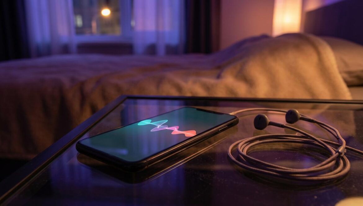 Primer plano de un móvil con un reproductor de música sin marca, luz nocturna y auriculares con cable en una habitación oscura