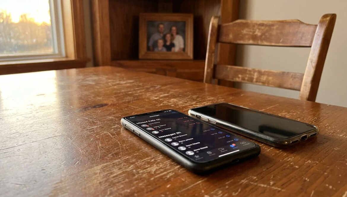 Adultos que no hablan con sus padres: el detalle que nadie dice (y las frases que sí abren puertas) Dos celulares sobre una mesa, con llamadas perdidas y mensajes sin responder, luz cálida de tarde y una silla vacía desenfocada al fondo