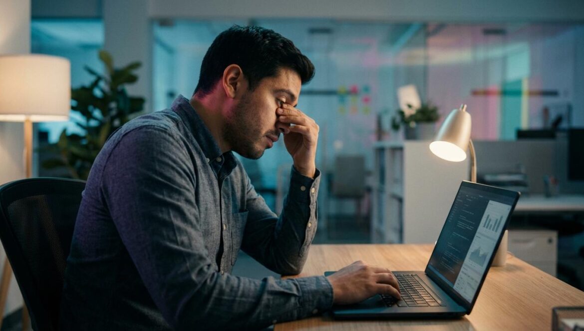 Agentes de IA y despidos: cómo el “empleo soñado” se volvió una trampa Joven ingeniero latino con camisa informal mira cansado la pantalla de su portátil en una oficina moderna.