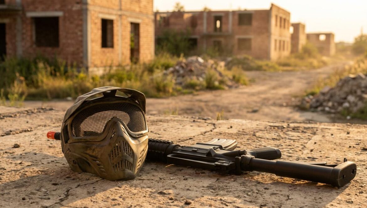 ¿Airsoft en la España vaciada? El “Nuketown” real que convierte ruinas en un negocio (casi) serio Máscara de airsoft y réplica apoyadas en suelo agrietado, con una urbanización abandonada y vegetación al fondo al atardecer