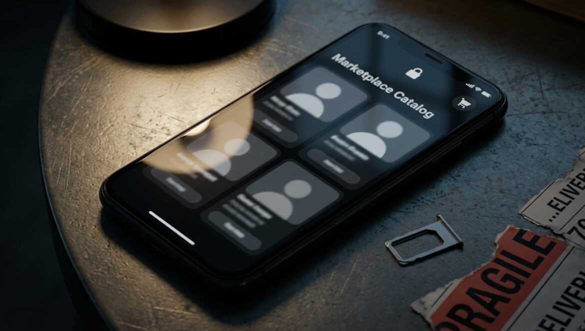 Alcasec y el “Amazon del cibercrimen”: el detalle de producto que lo vuelve una amenaza real Primer plano de un teléfono bloqueado mostrando un catálogo anónimo de datos en modo oscuro, con reflejos en el vidrio y herramientas pequeñas sobre una mesa metálica