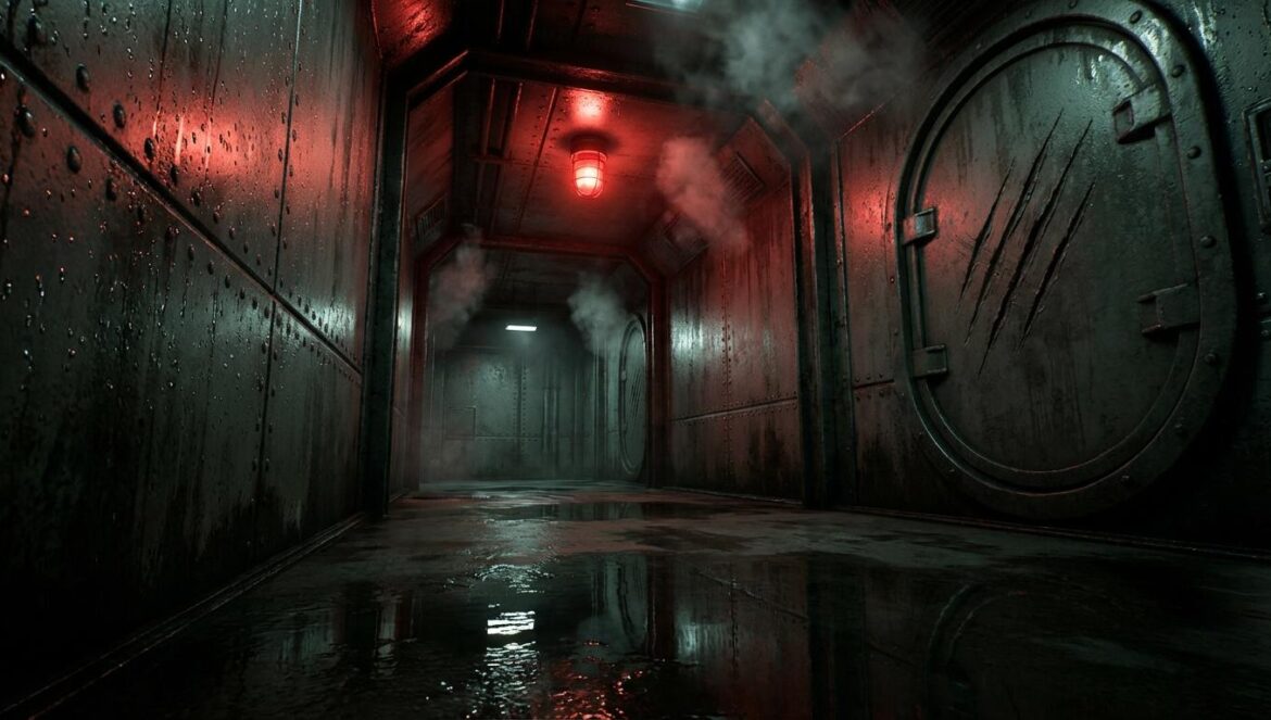 Alien, el octavo pasajero: cuando la ciencia ficción dejó de ser bonita y empezó a oler a óxido Pasillo metálico de una nave industrial, con luces rojas parpadeantes y suelo mojado con reflejos, como si algo hubiera pasado hace segundos