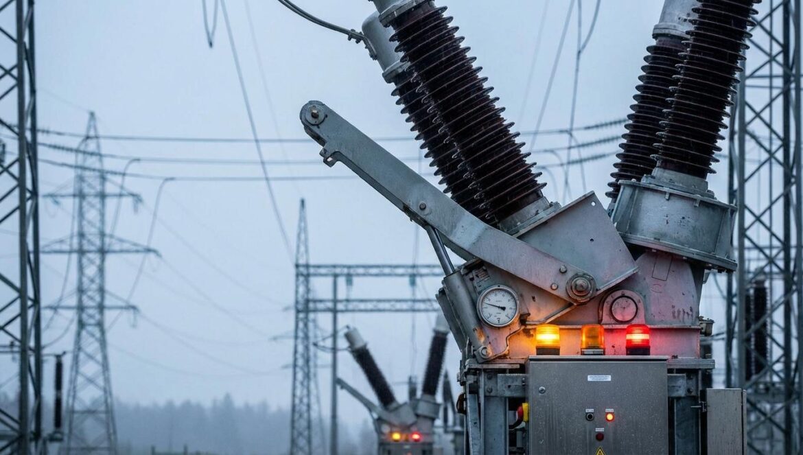 Primer plano de un interruptor de subestación de alta tensión disparado, con luces de alerta y metal mojado, y líneas eléctricas al fondo en un día nublado.