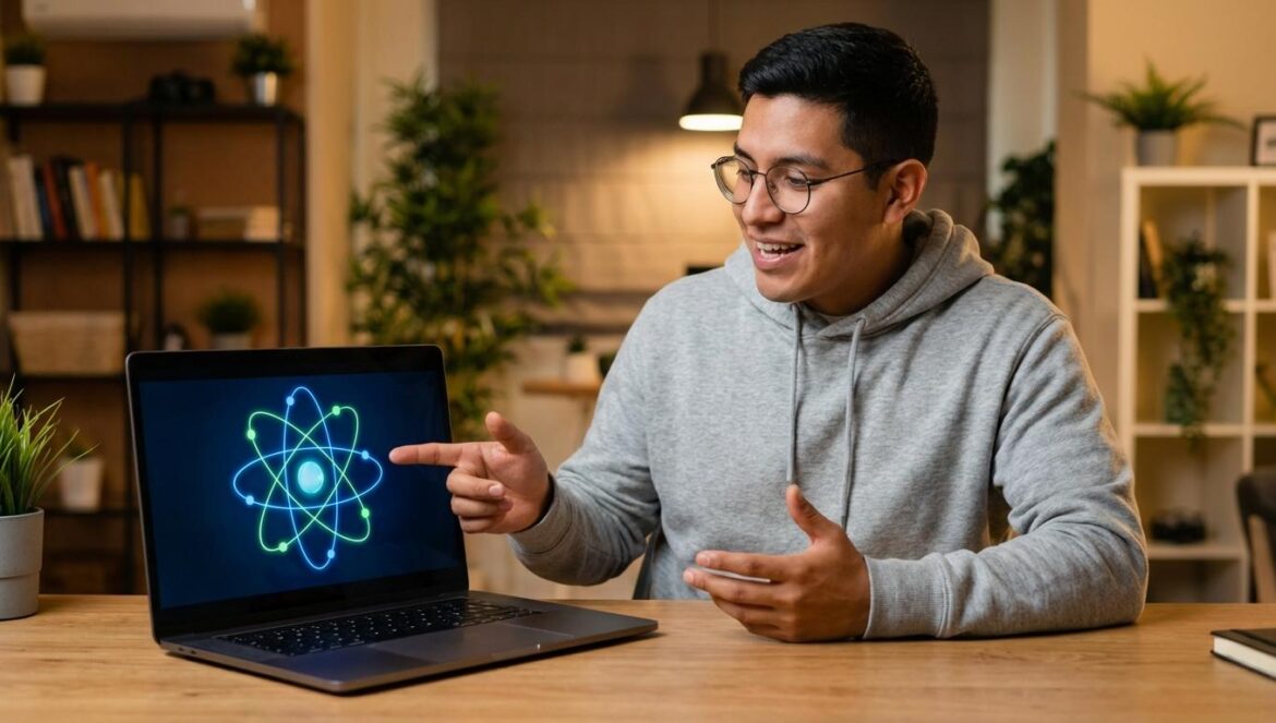 Apple y Starlink: la decisión oculta que frenó el “imperio” del internet espacial Joven ingeniero latino señalando un diagrama de satélites en la pantalla de su portátil.