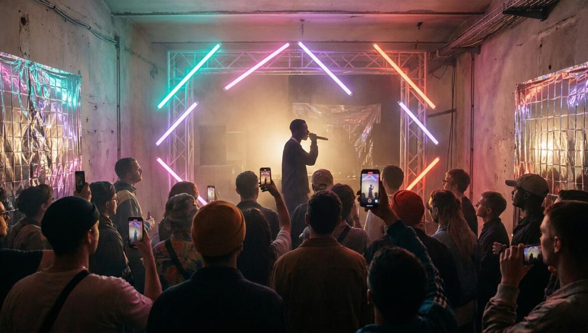 Público en una sala pequeña grabando un concierto con móviles, luces neón estilo Y2K y humo suave en el ambiente