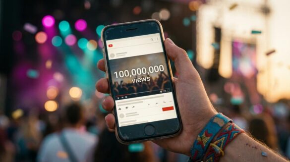 Un móvil muestra un contador de 100.000.000 de vistas, con luces de concierto desenfocadas y confeti al fondo