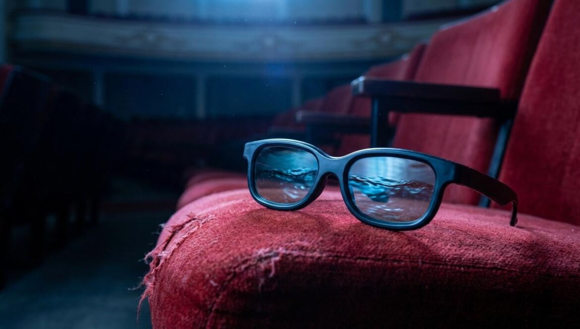 Gafas 3D sobre un asiento de terciopelo rojo en una sala grande, con luz azul de pantalla y reflejos acuáticos en los cristales.