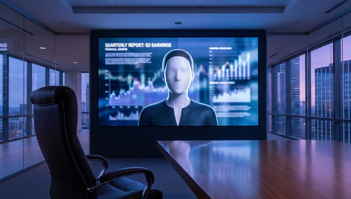 Pantalla en sala de juntas mostrando un avatar digital en una presentación, con una silla ejecutiva vacía y gráficos financieros desenfocados al fondo
