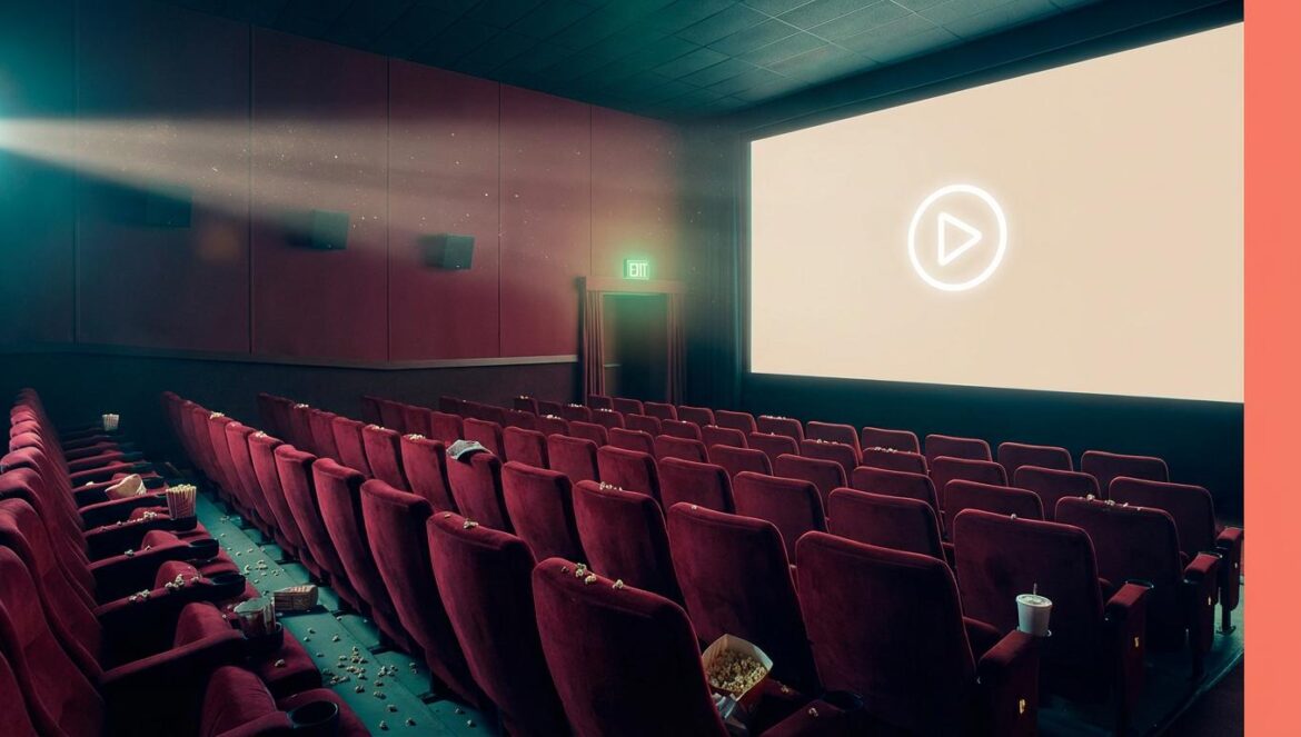 Sala de cine vacía con una gran pantalla mostrando un icono genérico de reproducción, luces tenues y palomitas esparcidas en butacas.