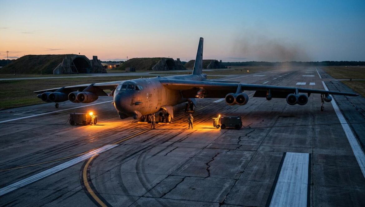 Un bombardero estratégico grande y veterano estacionado en una pista al atardecer, con luces de mantenimiento y hangares lejanos, en un ambiente tenso y realista