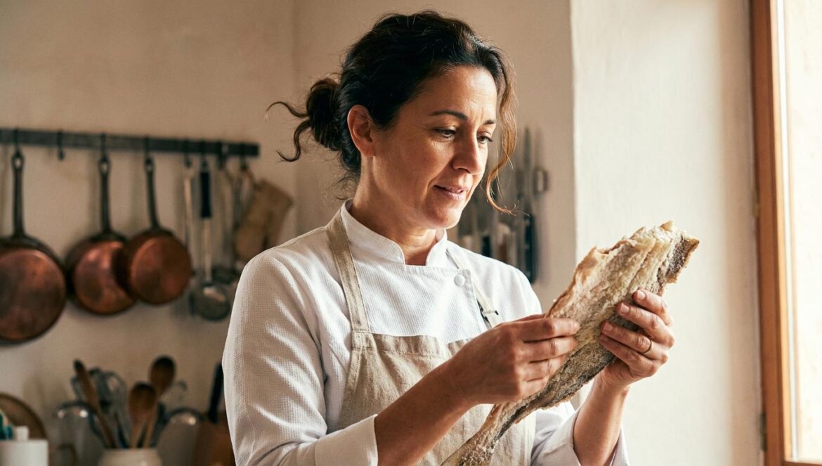 Bacalao perfecto: el truco está en leer el pez, no la etiqueta Cocinera observando un trozo de bacalao salado a contraluz en una cocina cálida.