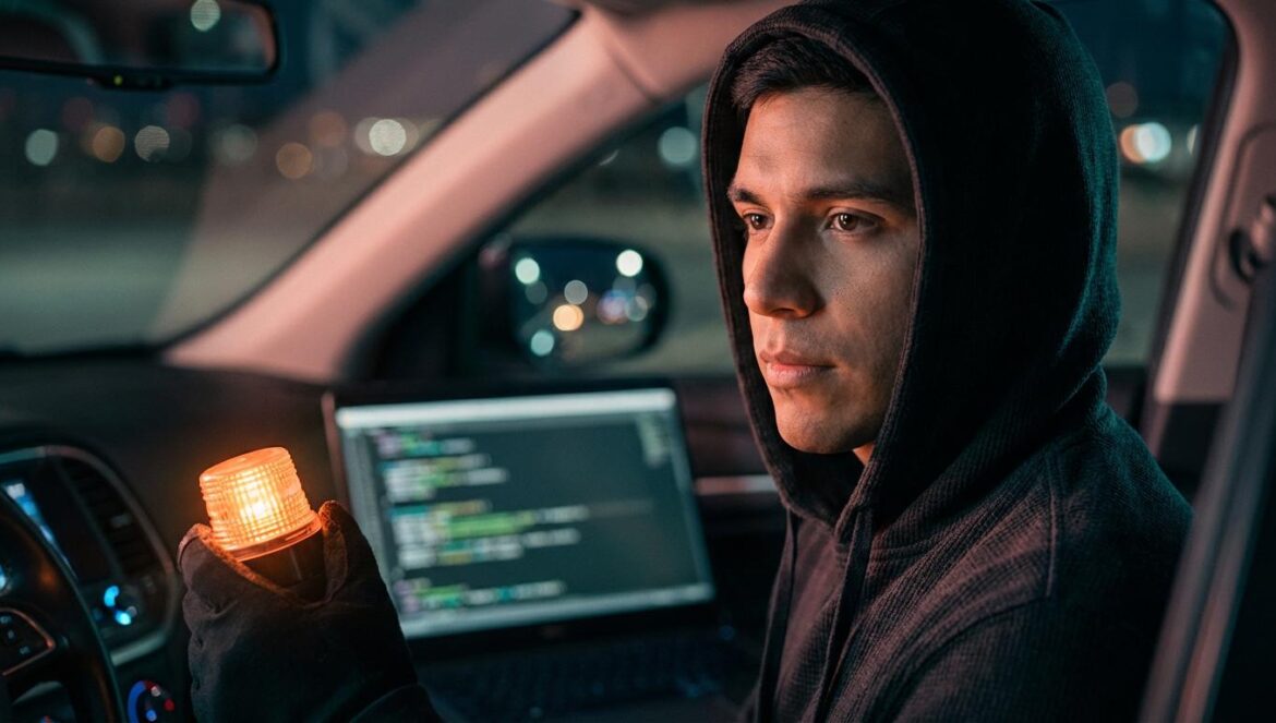 Balizas V16 hackeables: el lado oscuro del nuevo “salvavidas” obligatorio Joven hispano con sudadera sosteniendo una baliza V16 dentro de un coche, mirando una pantalla con código.