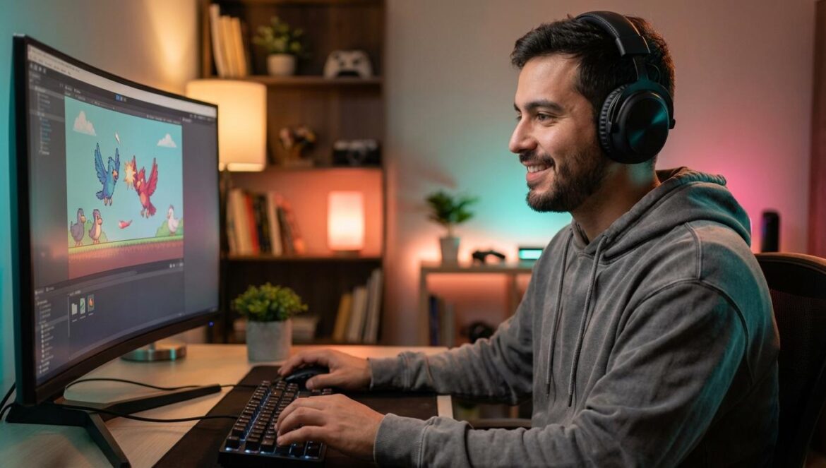 Bird Game 3 y el falso juego que demuestra quién diseña realmente los videojuegos Joven desarrollador hispano con auriculares mirando en su monitor un juego de pájaros ficticio.