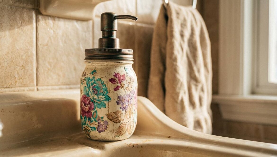 Botes de Nescafé: ¿por qué este DIY de jabonera te ordena el baño y la cabeza? Jabonera artesanal con frasco de vidrio decorado y dispensador, sobre un lavamanos con azulejos claros y luz cálida de mañana.