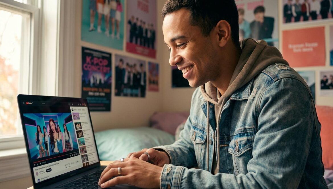 BTS y “Permission to Dance”: el vídeo “menor” que acabó ganando los 700 millones Joven fan de K-pop viendo un vídeo musical en su portátil con pósters desenfocados detrás.