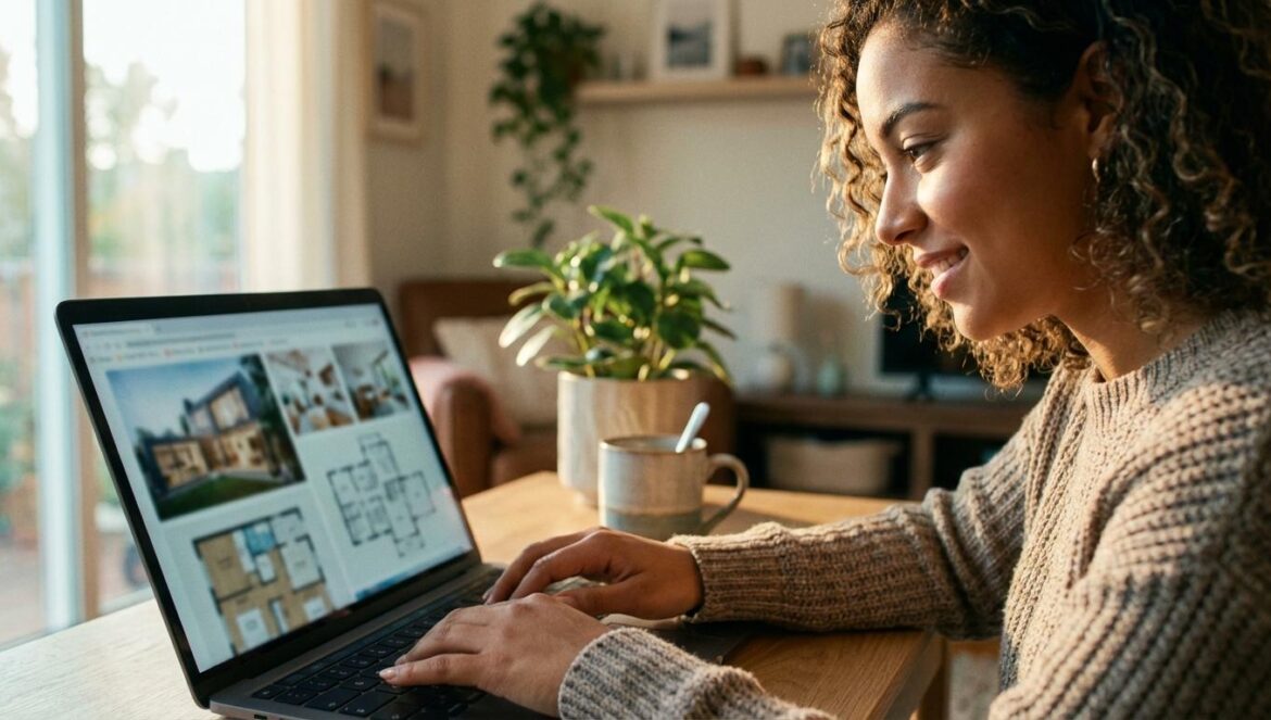 Búsqueda con IA en Redfin: no va de casas, va de fantasías inmobiliarias Joven mirando anuncios inmobiliarios con IA en su portátil, en un salón acogedor.