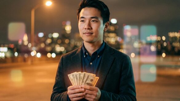 Joven asiático con ropa de oficina sostiene billetes brillando frente a una ciudad de noche.