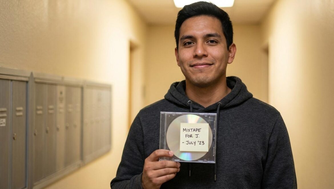 CD misterioso en tu buzón: arte vecinal, paranoia digital y nostalgia noventera Joven latino con sudadera sostiene un CD sin carátula con nota manuscrita frente a unos buzones borrosos.
