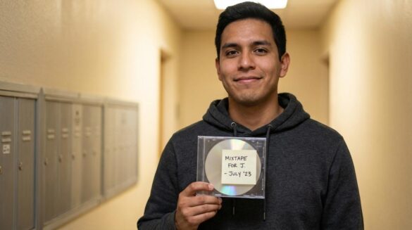 Joven latino con sudadera sostiene un CD sin carátula con nota manuscrita frente a unos buzones borrosos.