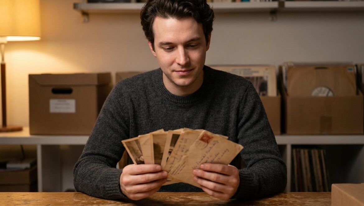 Christine Delvaux no era “solo una fan”: la batalla por contarla bien Joven revisando cartas y fotografías antiguas en una sala de archivo tenue.