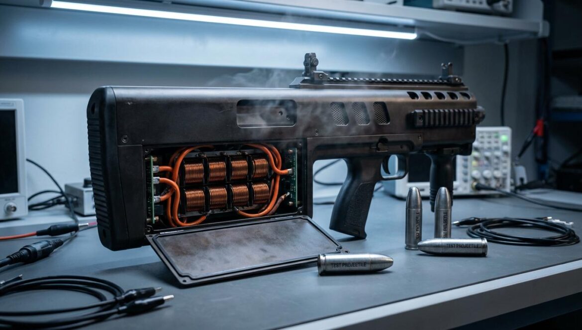 ¿Coilgun china a 3.000 disparos/min? El giro que pone el “arma del futuro” en baterías y software Prototipo tipo bullpup sobre banco de laboratorio, con panel abierto mostrando bobinas de cobre, cables de sensores y munición metálica de prueba.