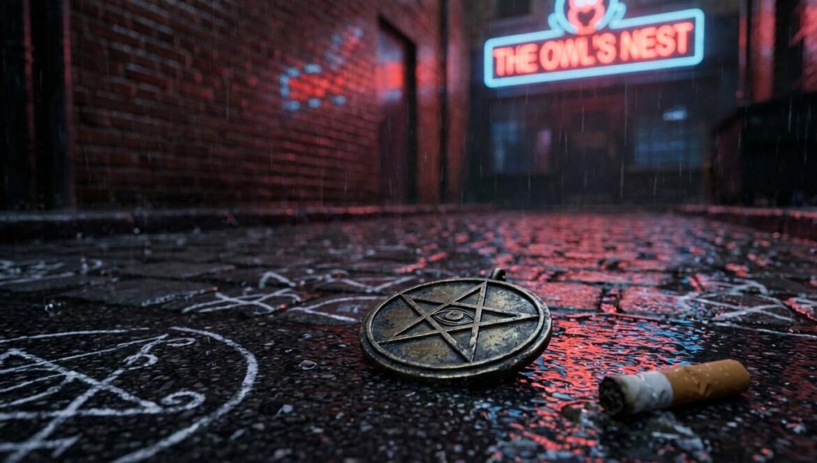 Constantine 2 en disputa: por qué Keanu no quiere que Warner la convierta en “otra de Marvel” Amuleto esotérico sobre asfalto mojado en un callejón con neón, símbolos de tiza y un cigarrillo apagado cerca, ambiente oscuro y urbano