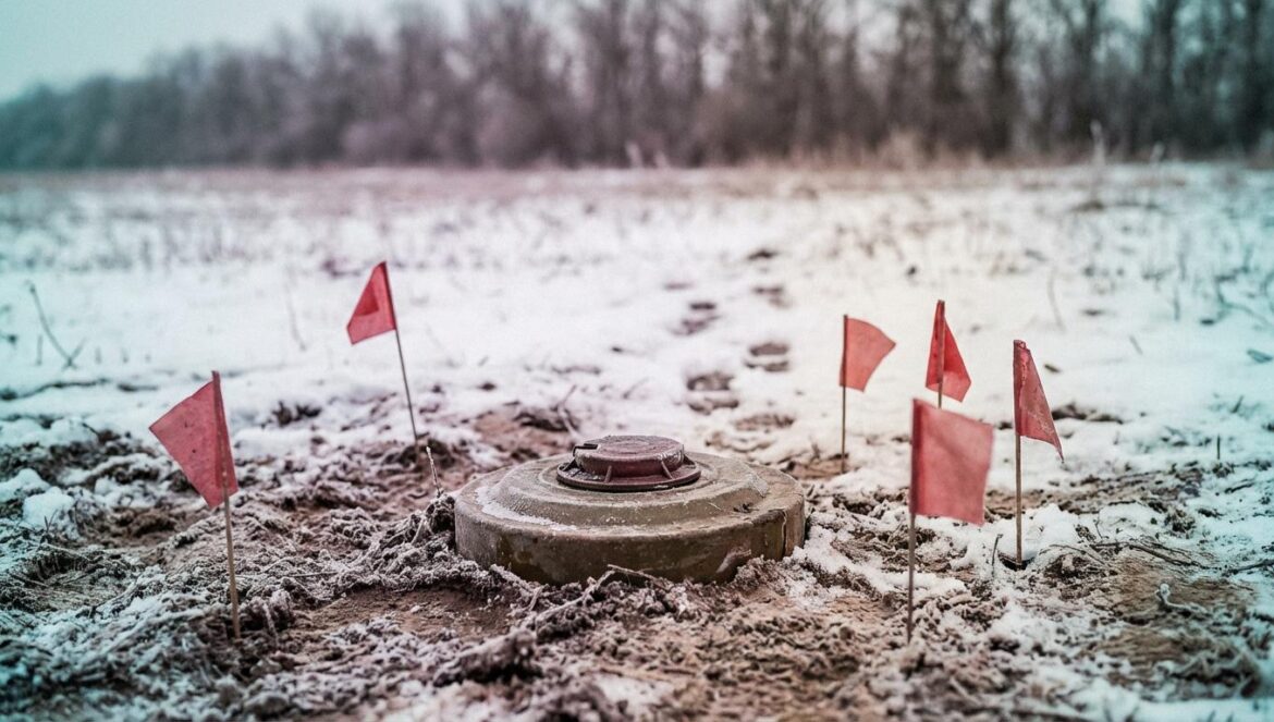 Corea del Norte en Ucrania: no son drones, es el suelo que te mata y lo que revela del pacto con Rusia Primer plano de una mina semienterrada en un campo embarrado con nieve ligera, banderines rojos de advertencia y huellas difuminadas al fondo