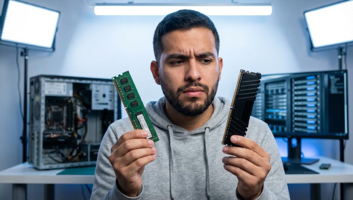 DDR4 no muere por vieja: así la IA está acelerando su final en favor de DDR5 y HBM Ingeniero joven comparando dos módulos de memoria RAM frente a un PC abierto.