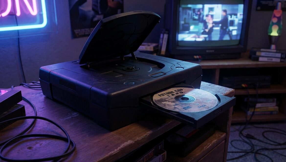Consola noventera con bandeja de CD abierta y un disco rayado, con una tele CRT al fondo mostrando una escena FMV borrosa en una sala oscura.