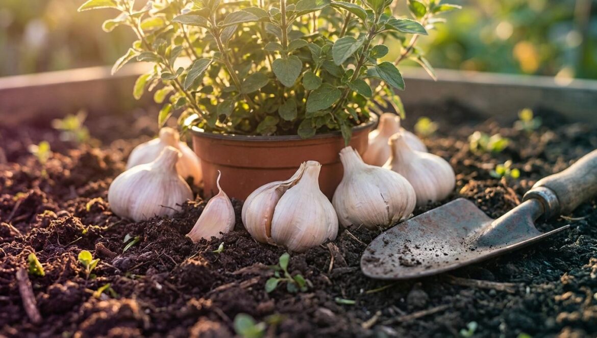 Dientes de ajo en las plantas: el detalle simple que espanta plagas y baja tu estrés Dientes de ajo semi enterrados alrededor de una planta en maceta, con tierra oscura y una palita cerca, en luz cálida de tarde