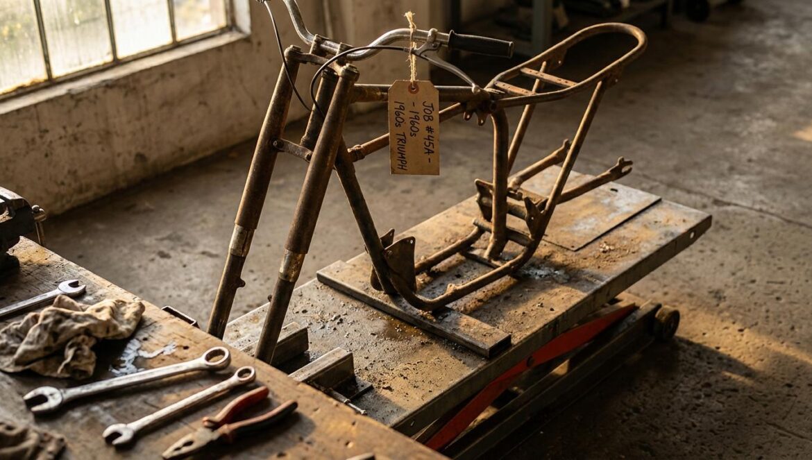 Directiva VFU vs restauración de motos clásicas: el choque entre “verde” y cultura motera real Chasis de moto clásica en un elevador de taller, con etiqueta de papel en el manillar y herramientas gastadas alrededor