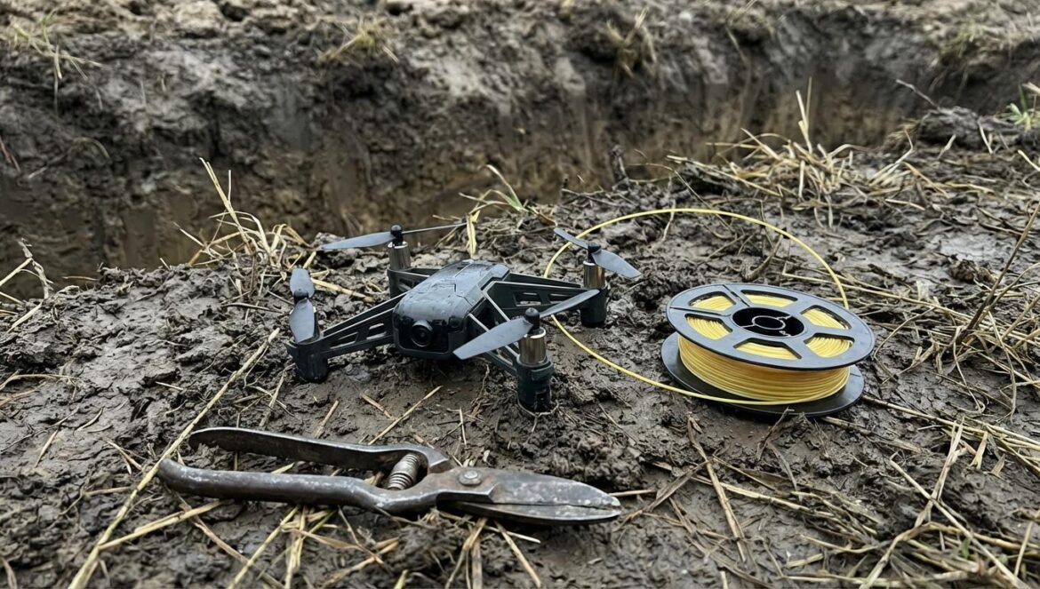 Drones con fibra óptica vs tijeras: el choque low-tech que está reescribiendo la guerra en Ucrania Un dron pequeño amarrado a un cable de fibra óptica sobre barro, con unas tijeras metálicas en primer plano y una trinchera de tierra al fondo.