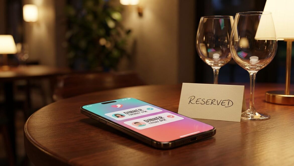 Efficient Dating for Singles: la romcom que convierte el amor en “proyecto” (y te hace dudar) Un móvil con una app de citas y dos reservas, junto a copas vacías en una mesa de restaurante con luz cálida nocturna.