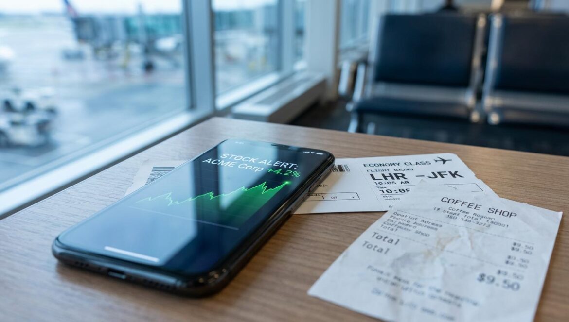 El bono de 100M€ de Ryanair choca con su reality laboral y eso dice más que la cifra Primer plano de un celular con gráfica bursátil junto a un pase de abordar genérico y un recibo, con asientos de aeropuerto desenfocados al fondo