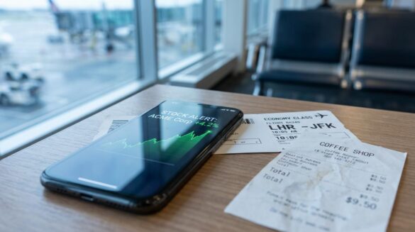 Primer plano de un celular con gráfica bursátil junto a un pase de abordar genérico y un recibo, con asientos de aeropuerto desenfocados al fondo