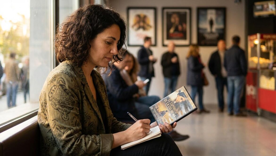 El matrimonio de María Braun: la libertad que parecía feminista (y era un contrato) Periodista cultural tomando notas con una libreta y un DVD en un vestíbulo de cine, con carteles desenfocados al fondo y luz cálida de ventana