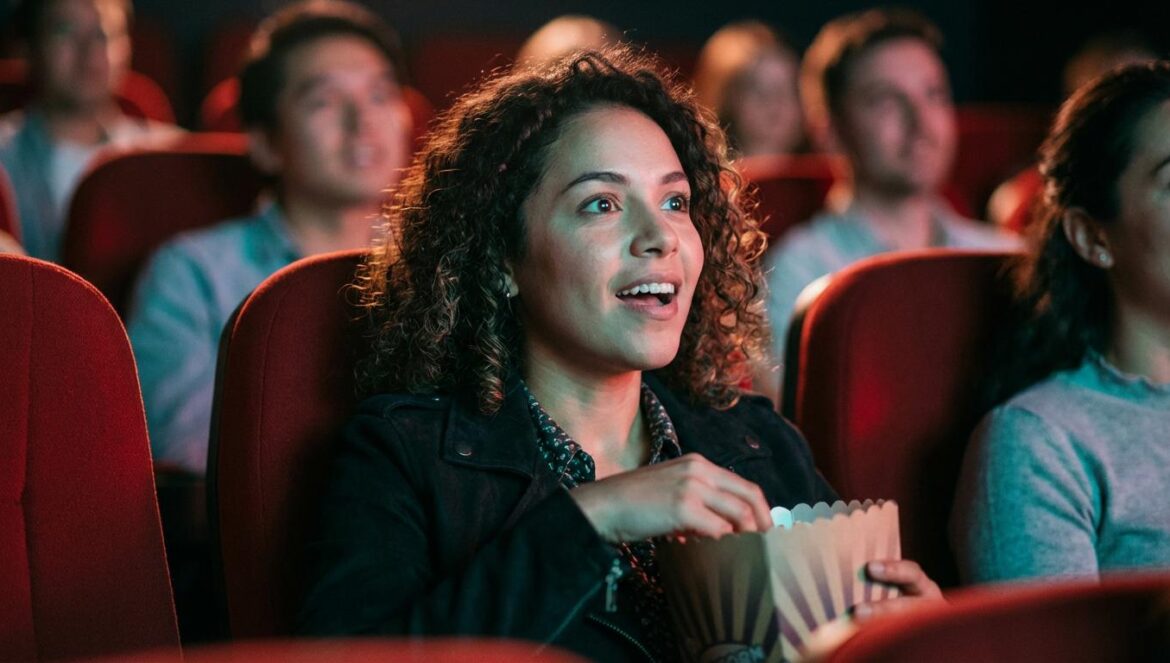 El señor de los anillos 4D: ¿nostalgia épica o parque temático en 2026? Joven en una sala de cine oscura se sujeta a la butaca en movimiento mientras mira la pantalla con un cubo de palomitas.