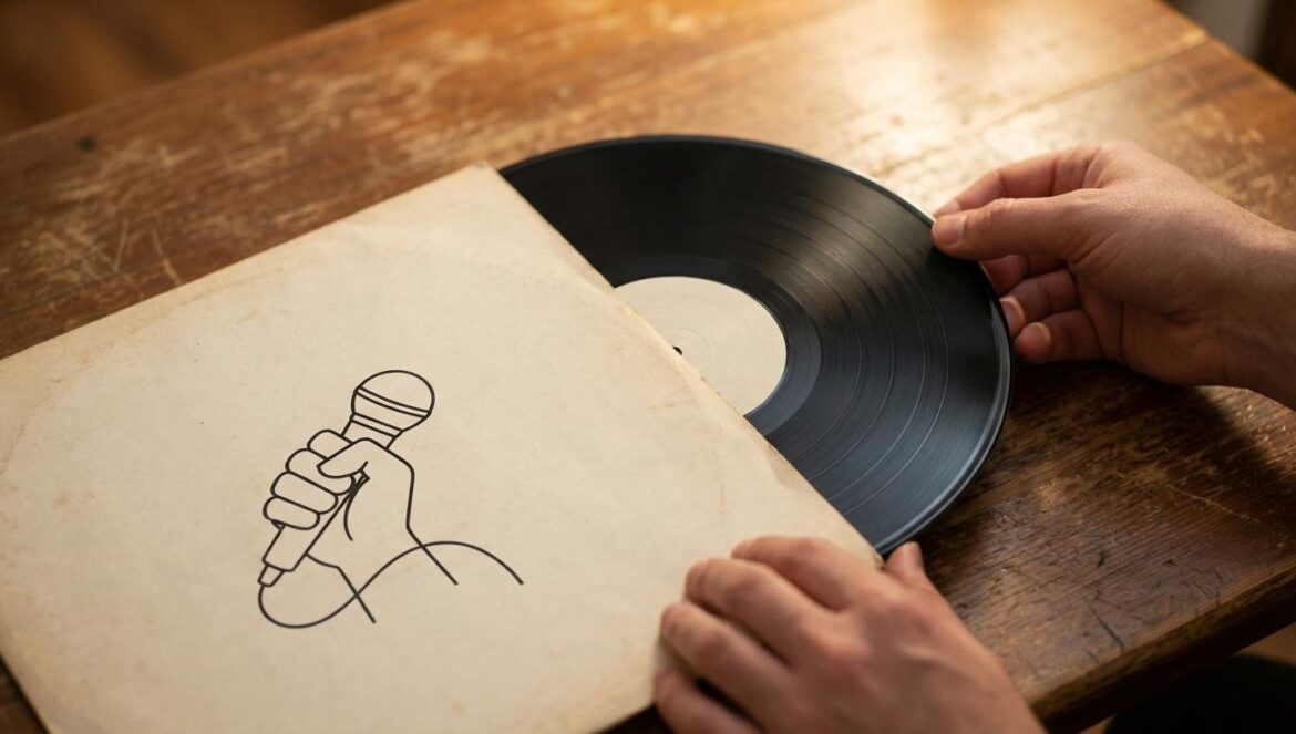 El vinilo de Fiona Apple que convierte una canción en rescate real (y por qué importa ahora) Primer plano de un vinilo grabado saliendo de una funda con ilustración minimalista, luz cálida de interior y reflejos reales en los surcos