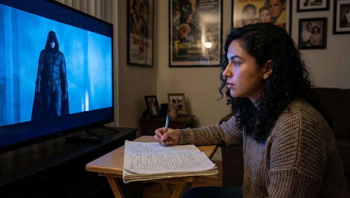 Endgame eligió a Iron Man y silenció a Viuda Negra: por qué ese detalle lo cambia todo Joven periodista viendo una película de superhéroes en la televisión y tomando notas en una libreta.