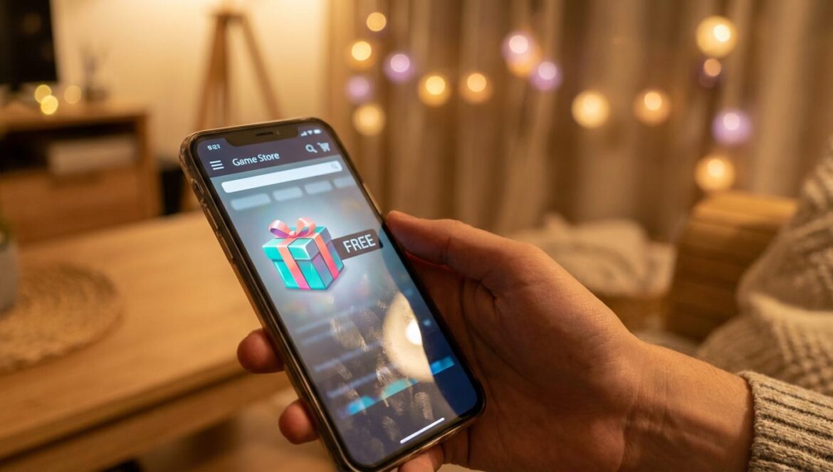 Epic Games Store regala Eternights: el choque entre citas y acción que explica el hype del “mystery game” Primer plano de un móvil con una tienda de juegos mostrando un regalo envuelto y la etiqueta “gratis”, con luces navideñas desenfocadas al fondo
