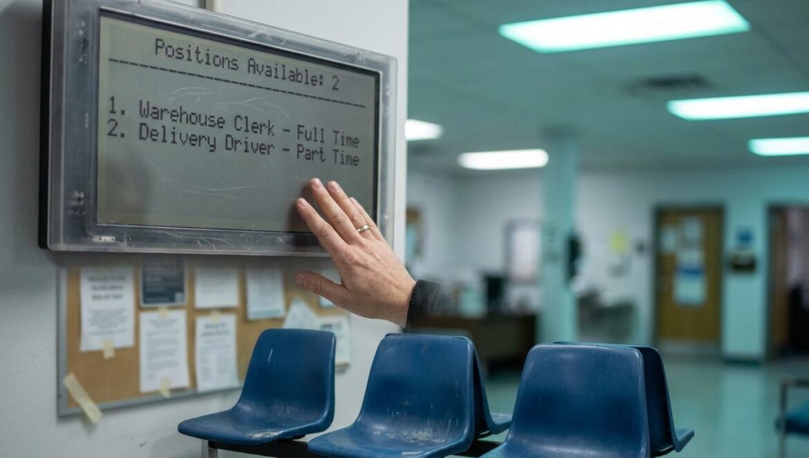 España y sus vacantes de empleo: paro alto, ofertas “fantasma” y por qué el dato engaña Pantalla con pocas ofertas de empleo en una sala de espera de oficina pública, con sillas vacías y carteles al fondo