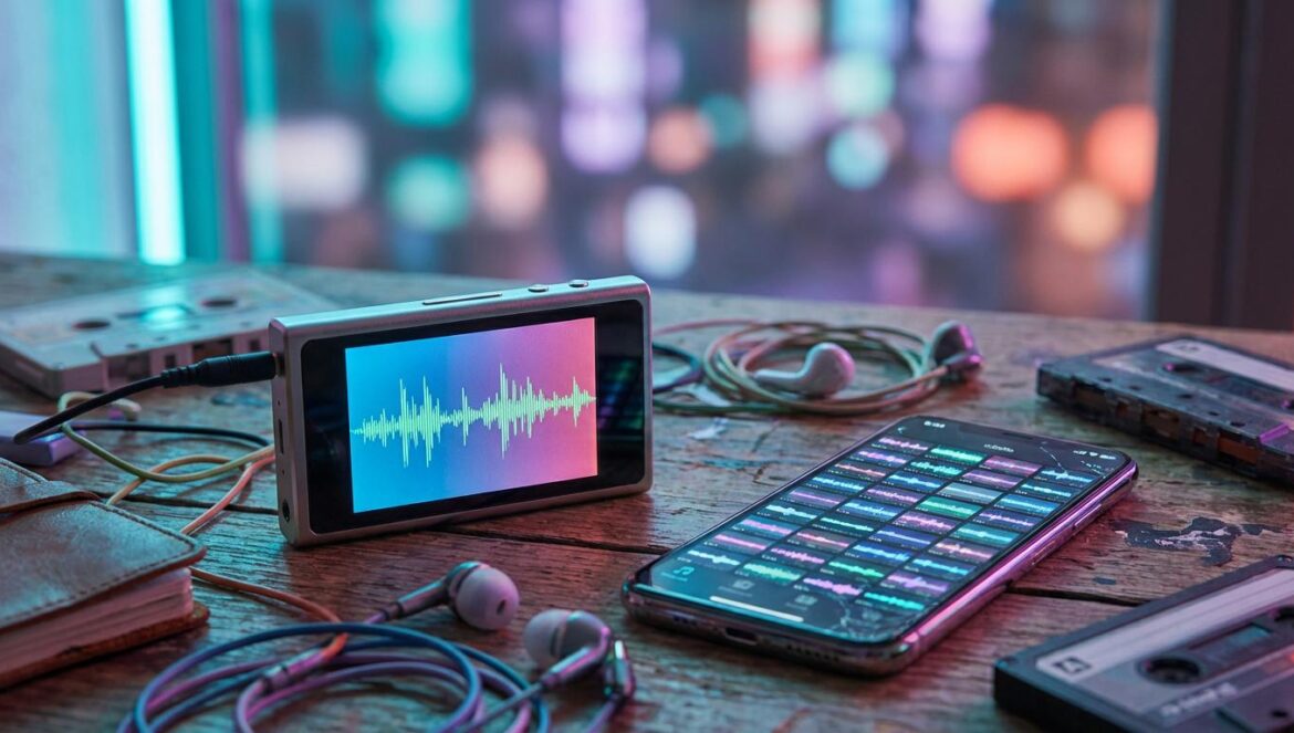 Everybody’s Album y Billboard: ¿la jugada de los 100.000 audios podía ser un No. 1 real? Un reproductor de música con pantalla de onda sonora junto a un móvil con miles de mini audios en una mesa, con luz nocturna y reflejos metálicos