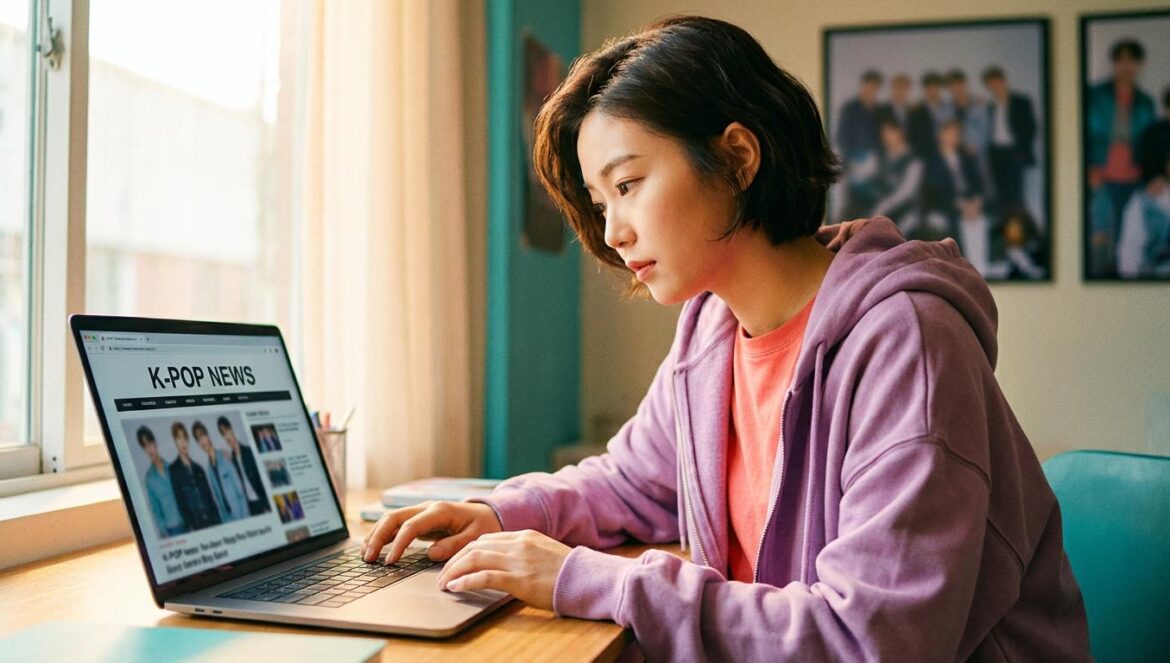 EVNNE cambia las reglas: qué significa la salida de Yoo Seungeon y Ji Yunseo Joven leyendo noticias de un grupo de K-pop en su portátil con pósters desenfocados detrás.