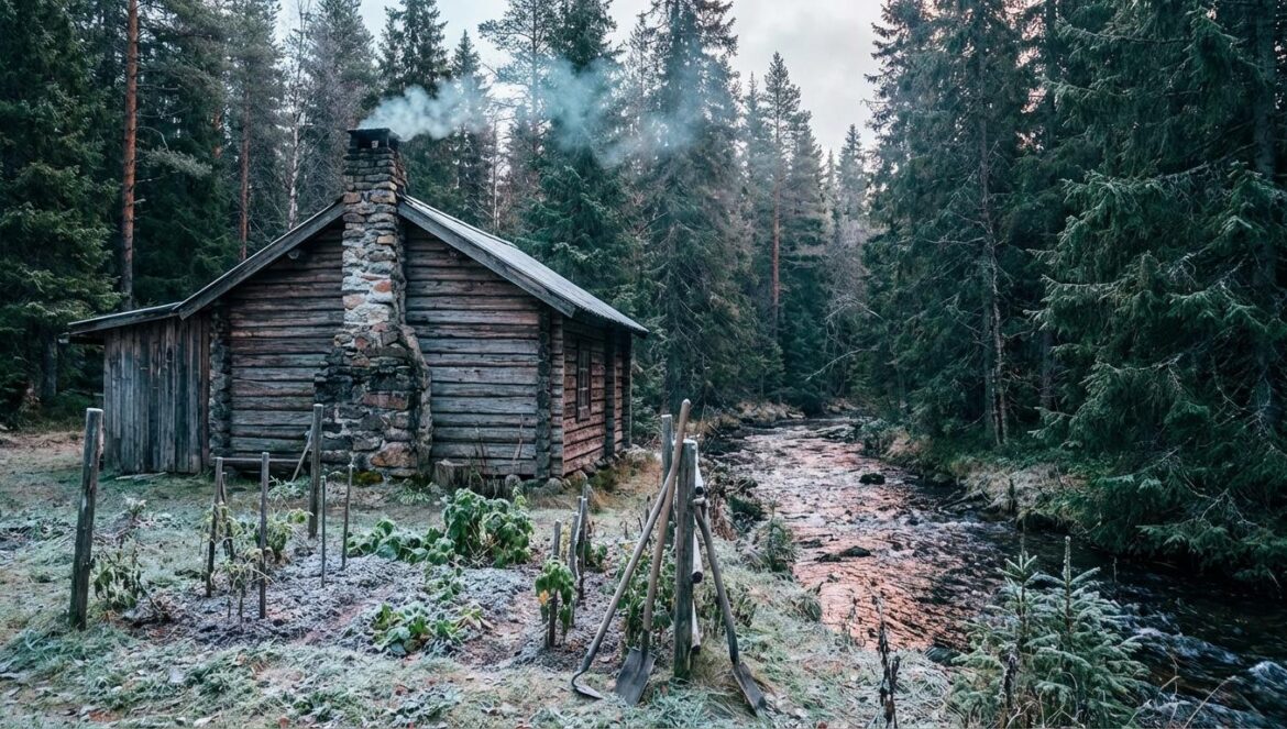 Familia Lykov: el detalle que rompe el mito del “aislamiento romántico” en Siberia Cabaña de troncos junto a un arroyo en un bosque de coníferas, con humo tenue y un huerto pequeño helado bajo luz fría.