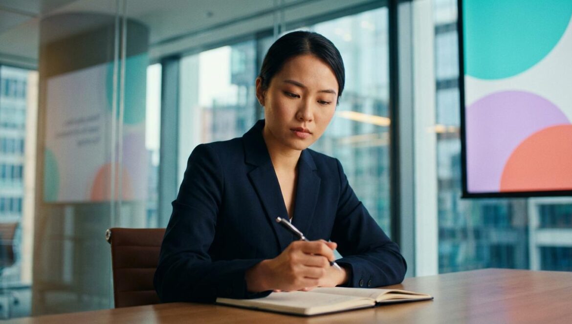First Man y su villana ambiciosa: por qué Kim Min Seol no es la típica “mala” Joven mujer asiática con traje formal en una sala de reuniones, mirando con expresión calculadora.