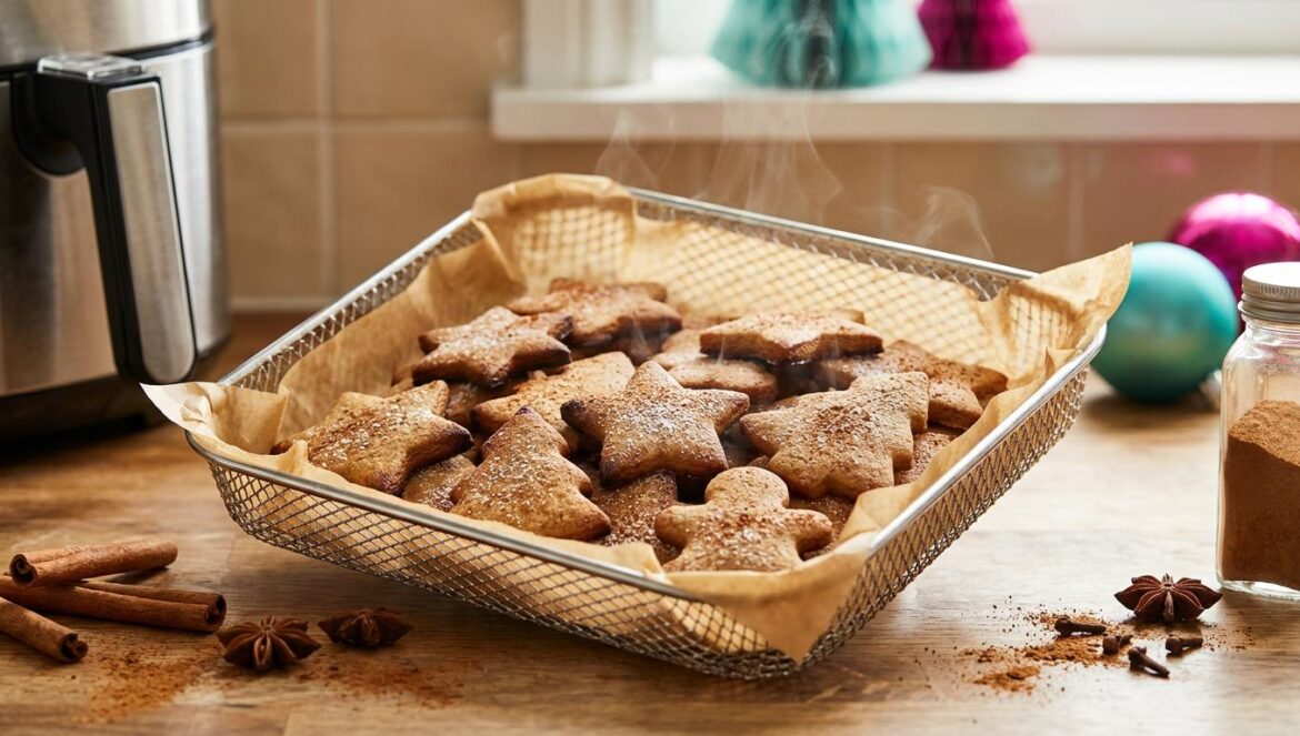 Galletas de Navidad en airfryer: el truco para que queden crujientes sin encender el horno Cesta de airfryer con galletas navideñas especiadas dorándose sobre papel, con canela y clavo en una encimera de madera